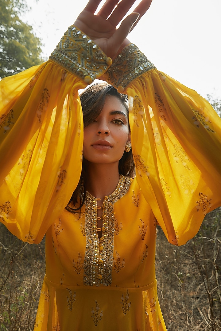 Yellow Hand Embroidered & Printed Party Wear Sharara Set by Sana Barreja at Pernia's Pop Up Shop