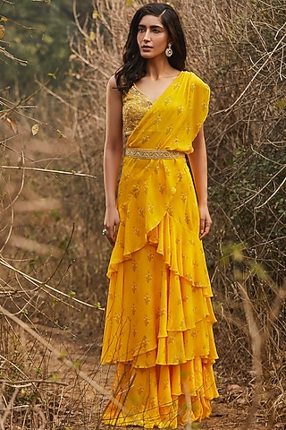 Yellow Hand Embroidered Pre-Stitched Saree Set by Sana Barreja