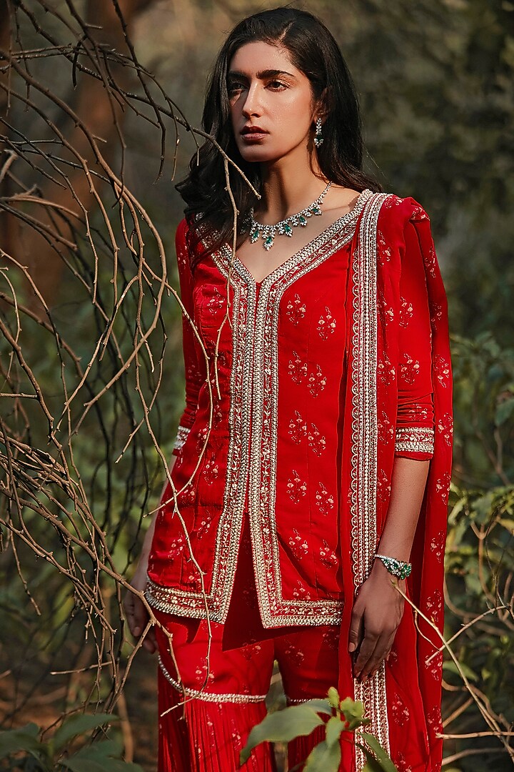 Red Georgette Resham Hand Embroidered & Printed Gharara Set by Sana Barreja at Pernia's Pop Up Shop