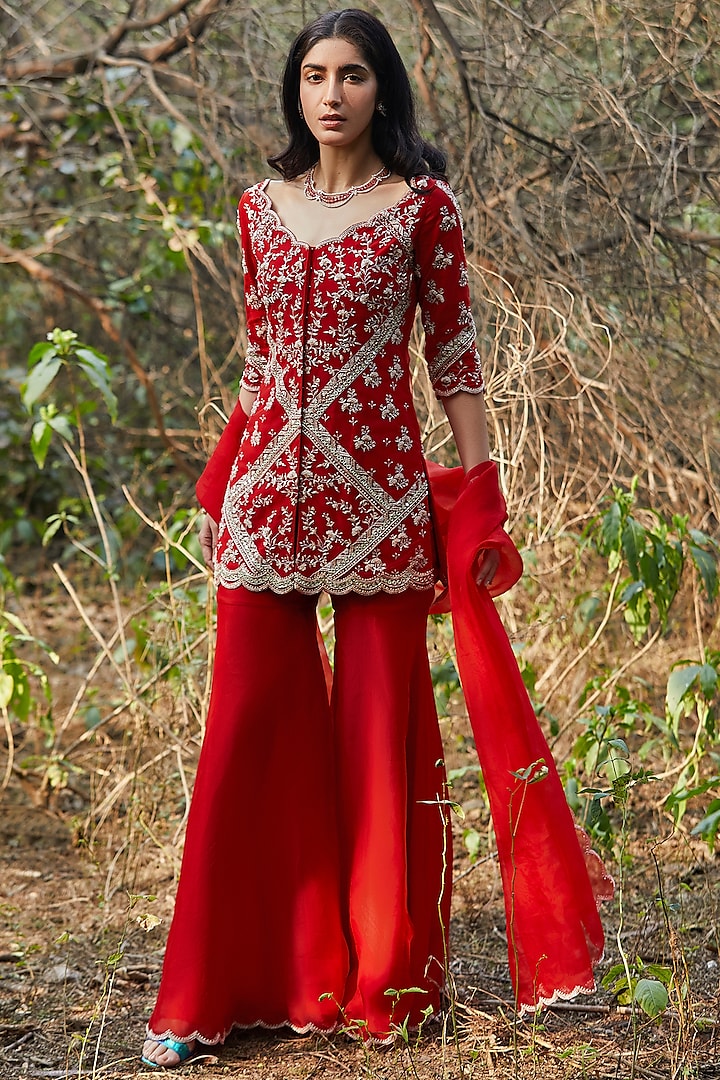 Red Organza Zari Hand Embroidered Gharara Set by Sana Barreja