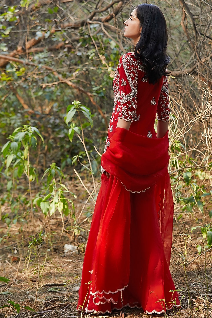 Red Organza Zari Hand Embroidered Gharara Set by Sana Barreja at Pernia's Pop Up Shop