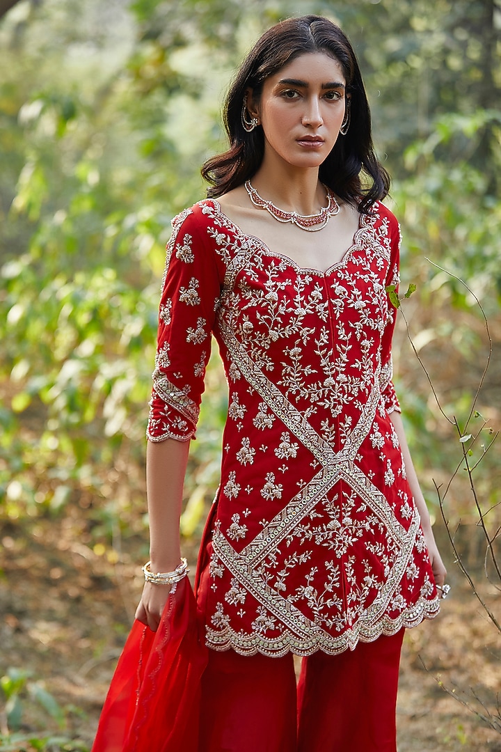 Red Organza Zari Hand Embroidered Gharara Set by Sana Barreja at Pernia's Pop Up Shop