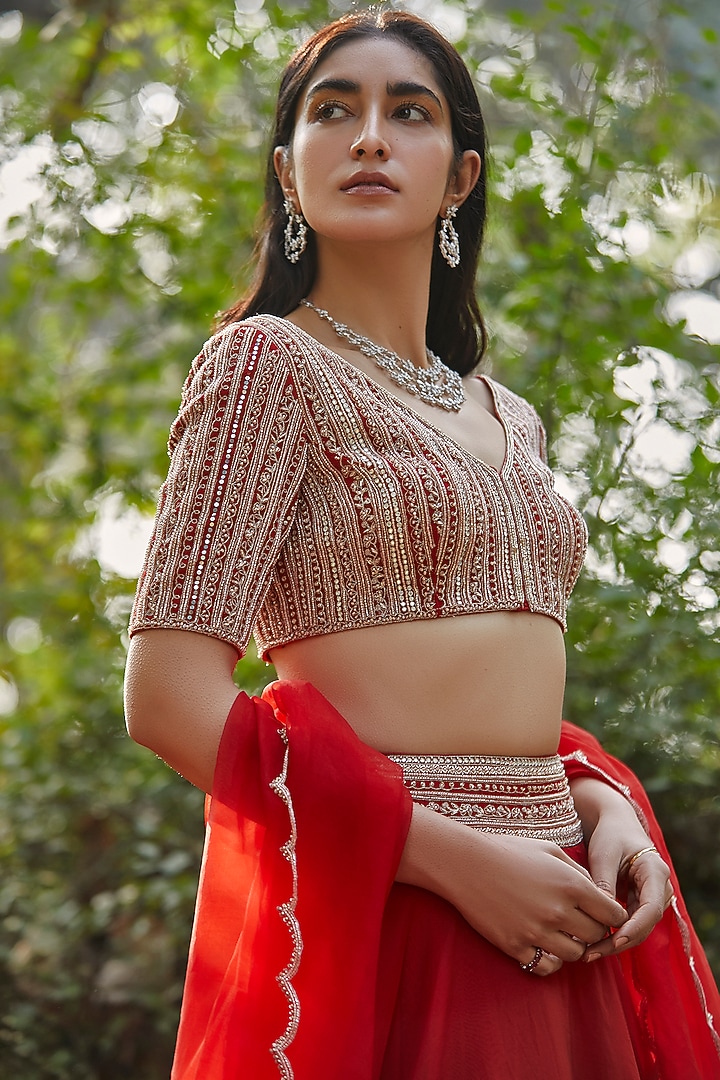 Red Wedding Lehenga Set With Hand Embroidery by Sana Barreja at Pernia's Pop Up Shop