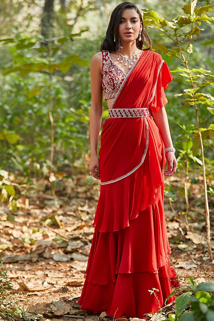 Red Hand Embroidered Pre-Stitched Layered Saree Set by Sana Barreja