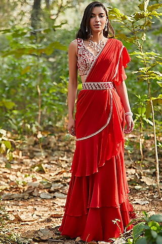 Red Hand Embroidered Pre-Stitched Layered Saree Set by Sana Barreja
