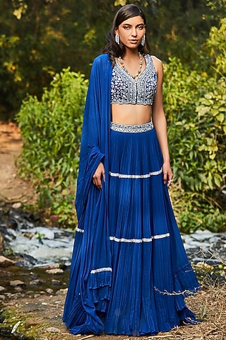 Blue Hand Embroidered Tiered Lehenga Set by Sana Barreja