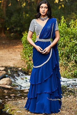 Blue Hand Embroidered Pre-Stitched Saree Set by Sana Barreja
