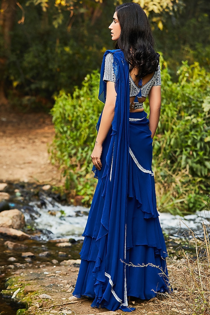 Blue Hand Embroidered Pre-Stitched Wedding Saree Set by Sana Barreja at Pernia's Pop Up Shop