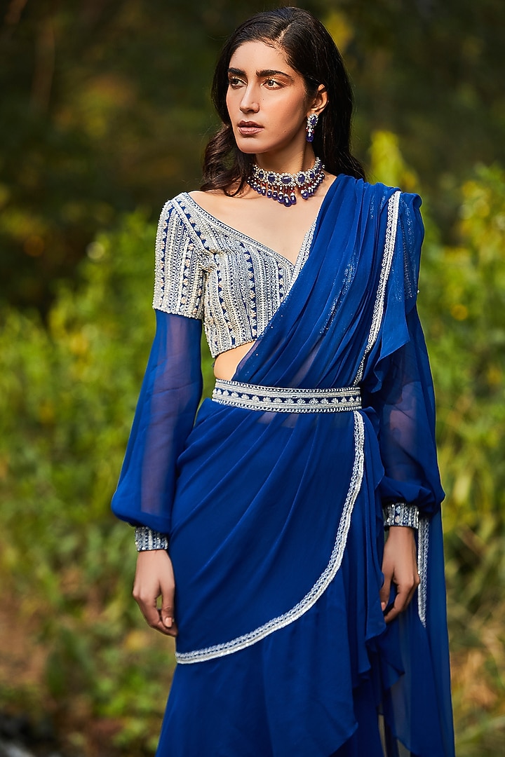 Blue Hand Embroidered Pre-Stitched Wedding Saree Set by Sana Barreja at Pernia's Pop Up Shop