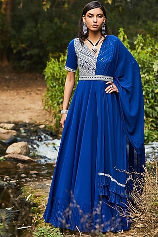 Blue Hand Embroidered Anarkali Set by Sana Barreja