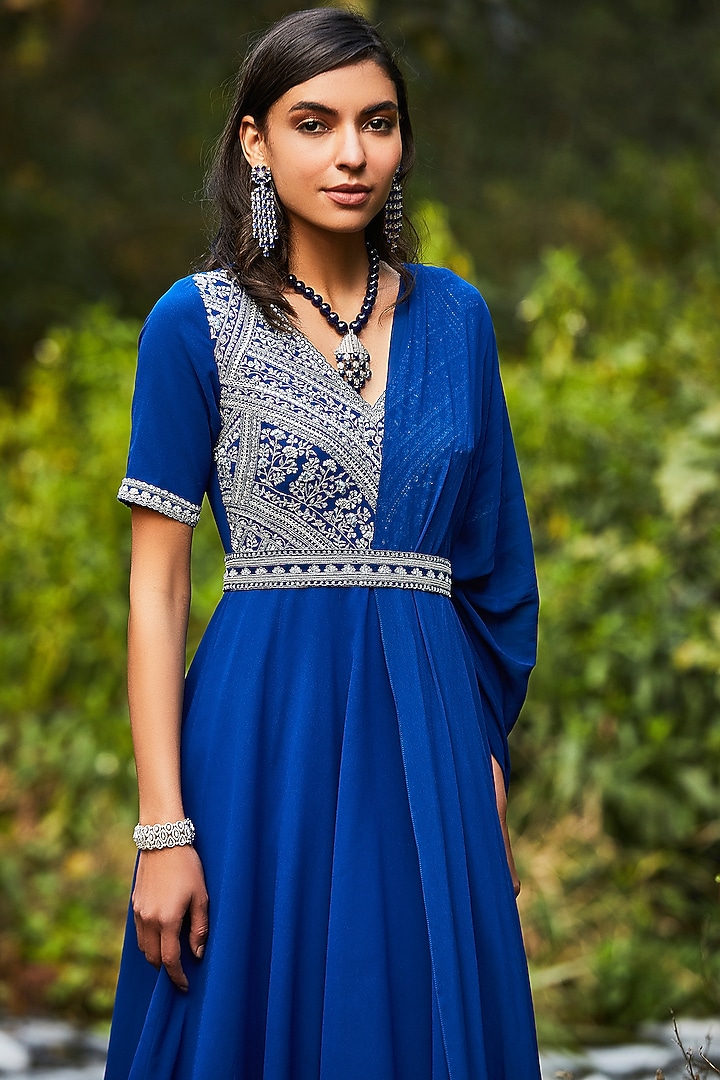 Blue Hand Embroidered Wedding Anarkali Set by Sana Barreja at Pernia's Pop Up Shop