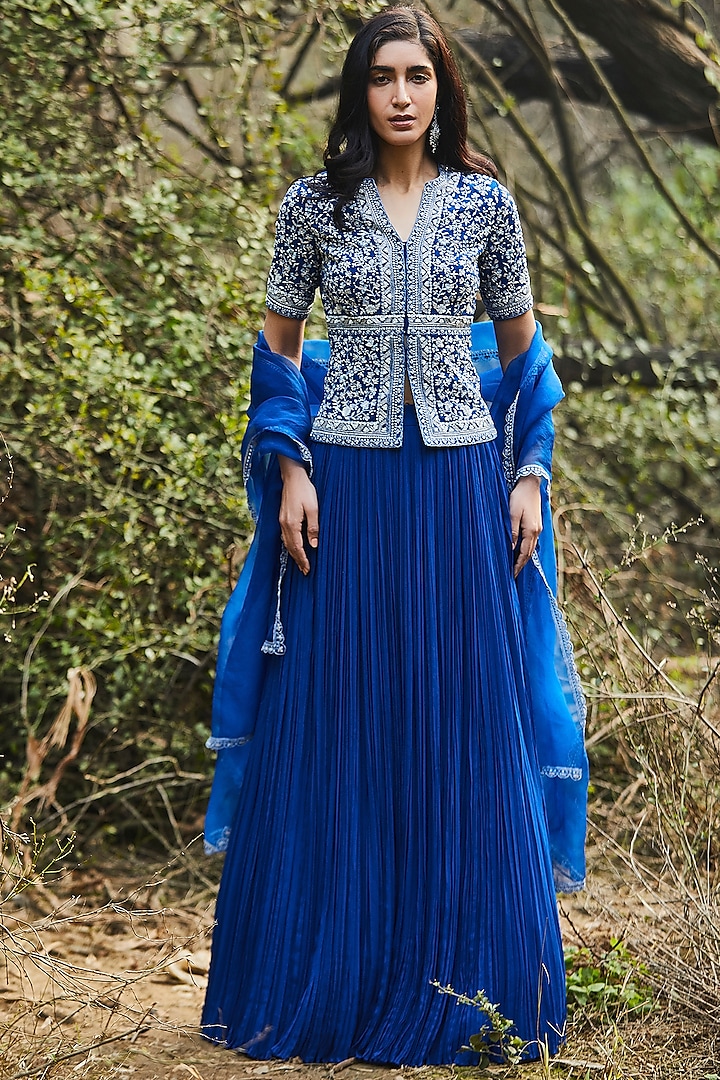 Blue Hand Embroidered Wedding Lehenga Set by Sana Barreja at Pernia's Pop Up Shop