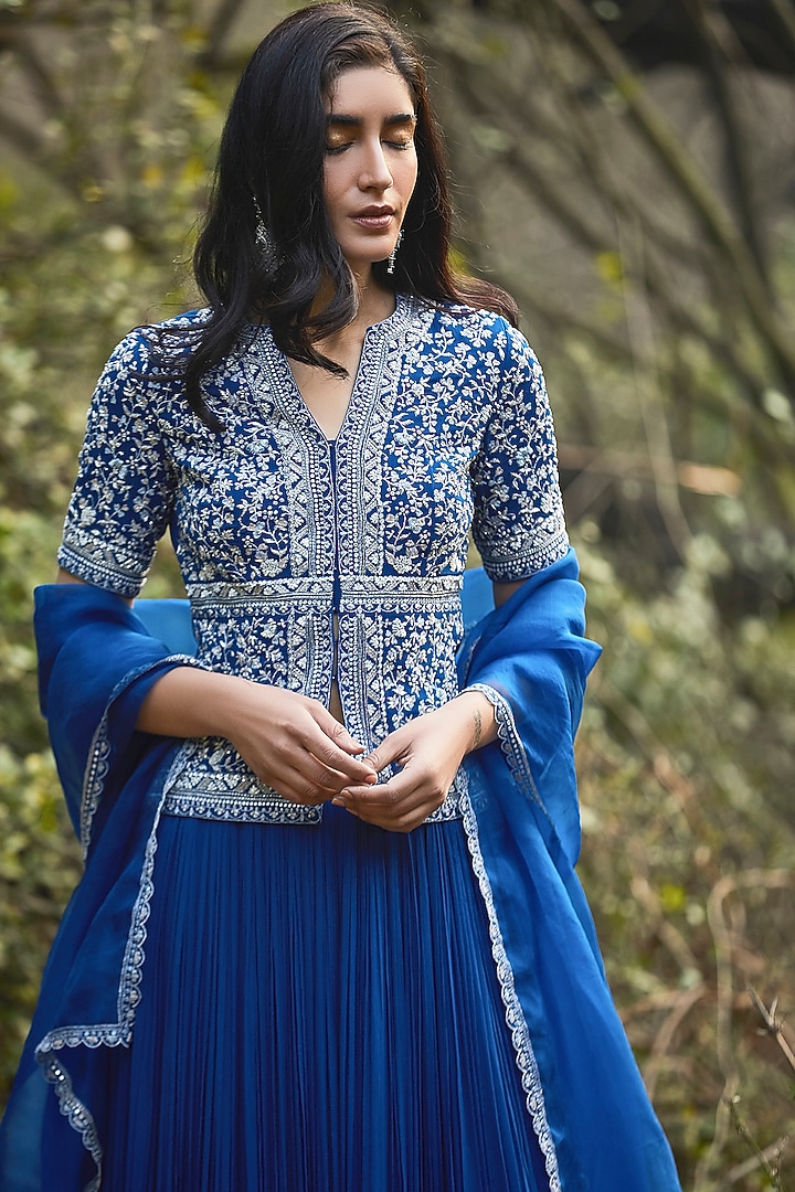 Blue Hand Embroidered Wedding Lehenga Set by Sana Barreja at Pernia's Pop Up Shop
