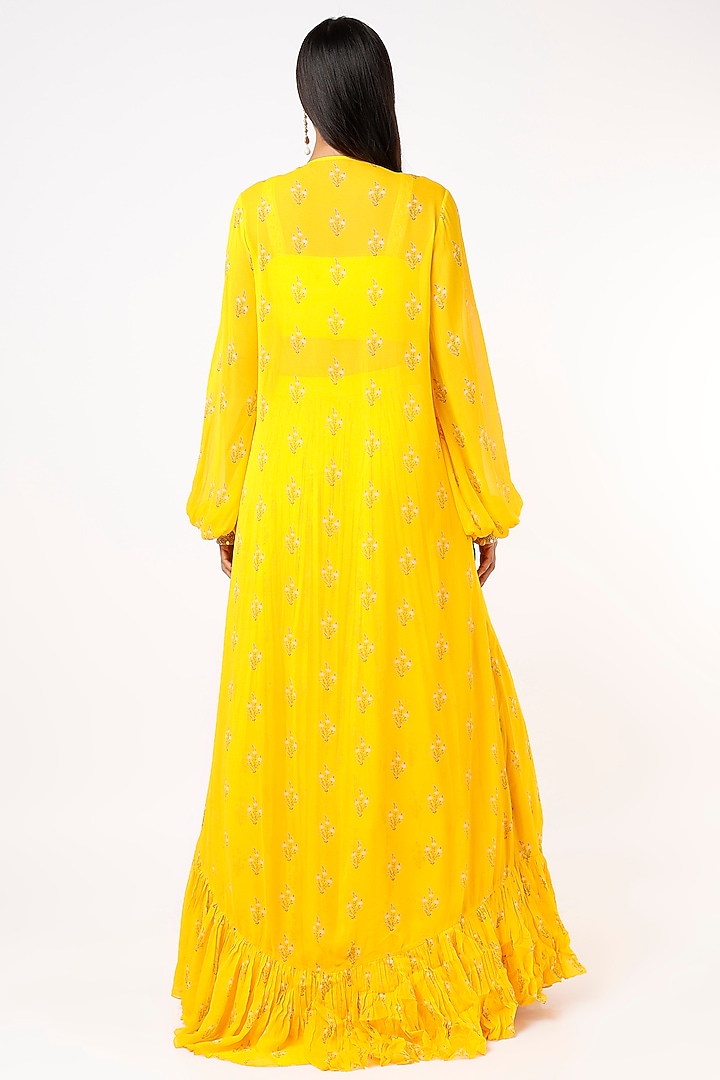 Yellow Georgette Sequins Embroidered Jacket Wedding Lehenga Set by Sana Barreja at Pernia's Pop Up Shop