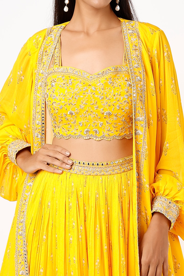 Yellow Georgette Sequins Embroidered Jacket Wedding Lehenga Set by Sana Barreja at Pernia's Pop Up Shop