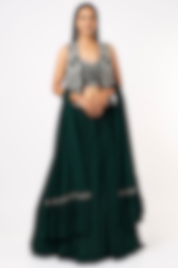 Dark Green Georgette Jacket Wedding Lehenga Set by Sana Barreja at Pernia's Pop Up Shop