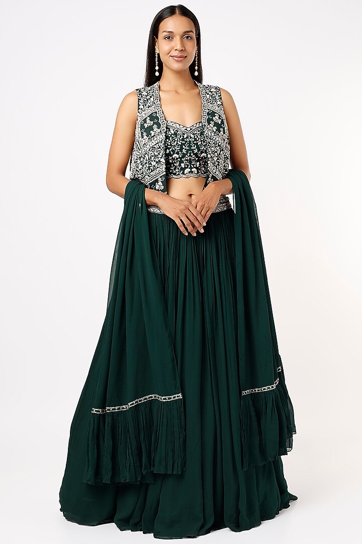 Dark Green Georgette Jacket Wedding Lehenga Set by Sana Barreja at Pernia's Pop Up Shop