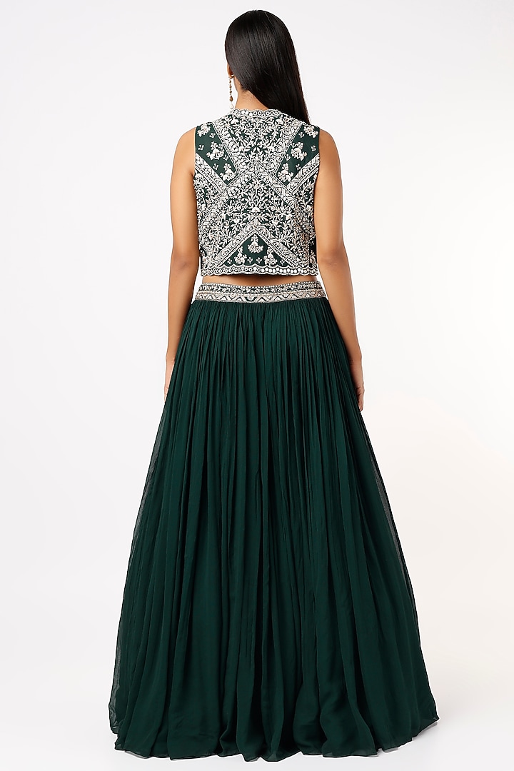 Dark Green Georgette Jacket Wedding Lehenga Set by Sana Barreja at Pernia's Pop Up Shop