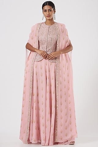 Blush Pink Embroidered Cape Set by Sana Barreja