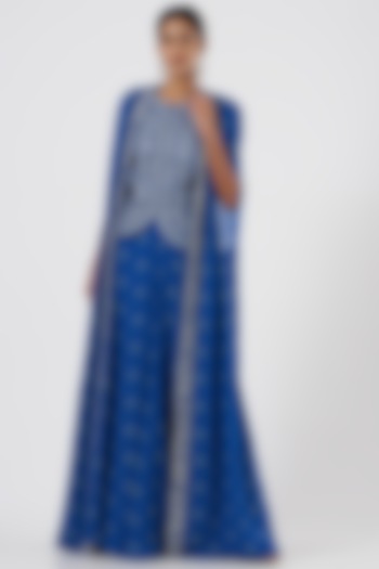 Cobalt Blue Embroidered Cape Set by Sana Barreja at Pernia's Pop Up Shop