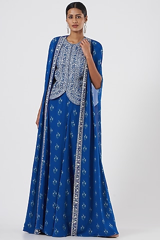 Cobalt Blue Embroidered Cape Set by Sana Barreja