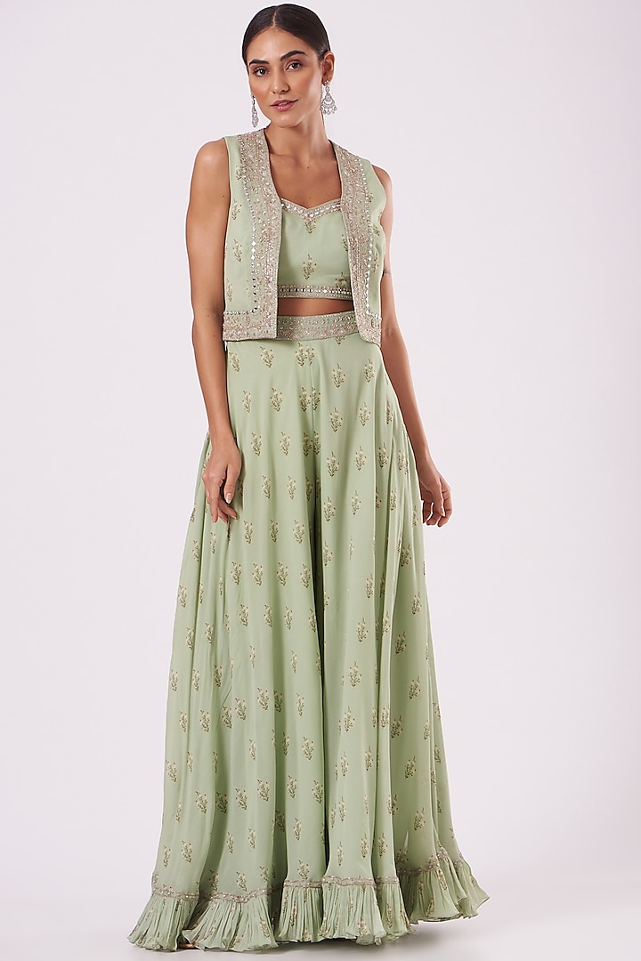 Mint Green Embroidered Jacket Set by Sana Barreja at Pernia's Pop Up Shop