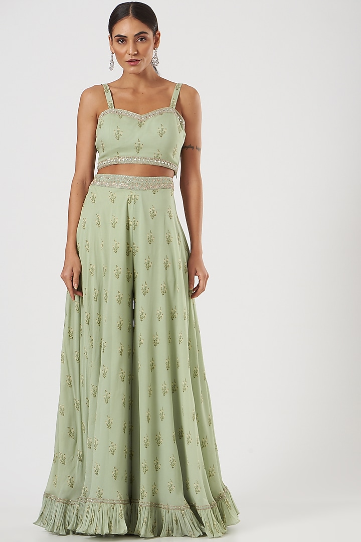 Mint Green Embroidered Jacket Set by Sana Barreja at Pernia's Pop Up Shop