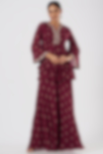 Maroon Hand Embroidered Party Wear Sharara Set by Sana Barreja at Pernia's Pop Up Shop