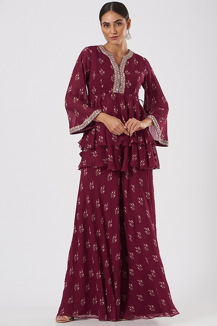 Maroon Hand Embroidered Party Wear Sharara Set by Sana Barreja at Pernia's Pop Up Shop