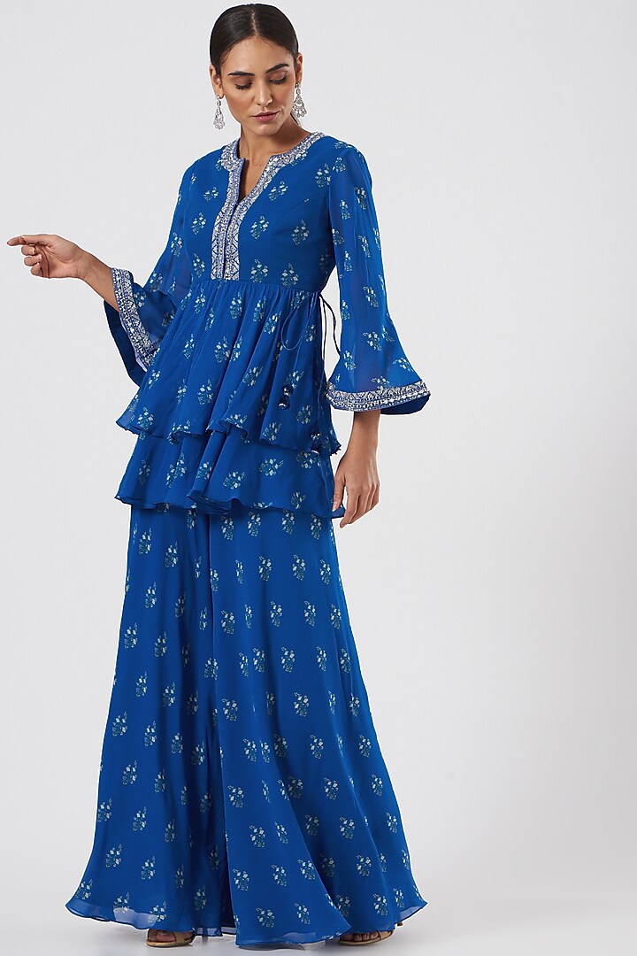 Cobalt Blue Hand Embroidered Party Wear Sharara Set by Sana Barreja at Pernia's Pop Up Shop