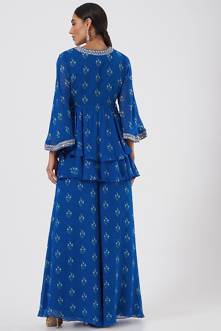 Cobalt Blue Hand Embroidered Party Wear Sharara Set by Sana Barreja at Pernia's Pop Up Shop