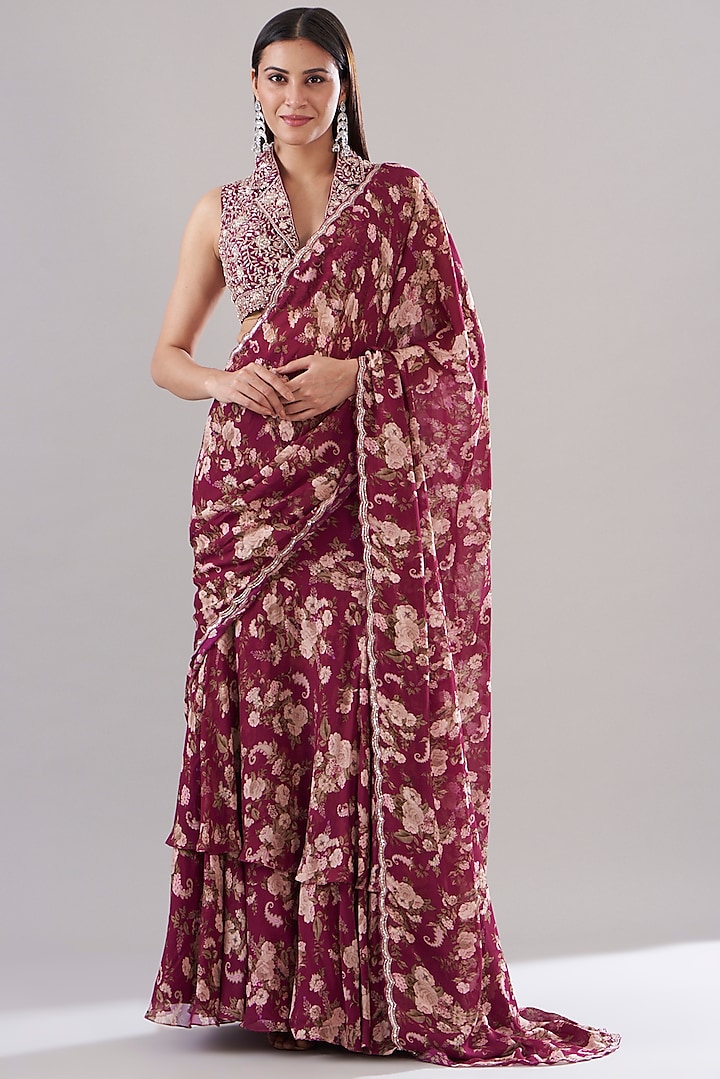 Fuschia Georgette Printed & Embroidered Saree Set by Sana Barreja