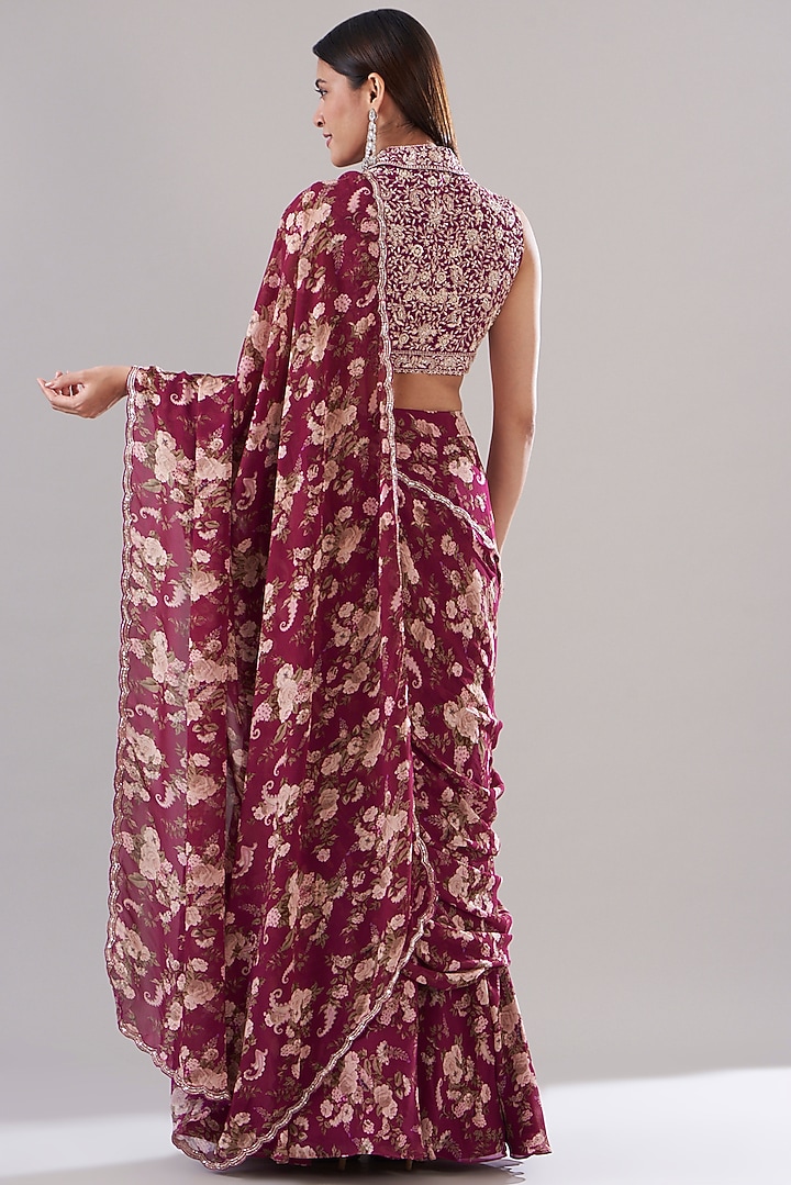 Fuschia Georgette Printed & Embroidered Wedding Saree Set by Sana Barreja at Pernia's Pop Up Shop