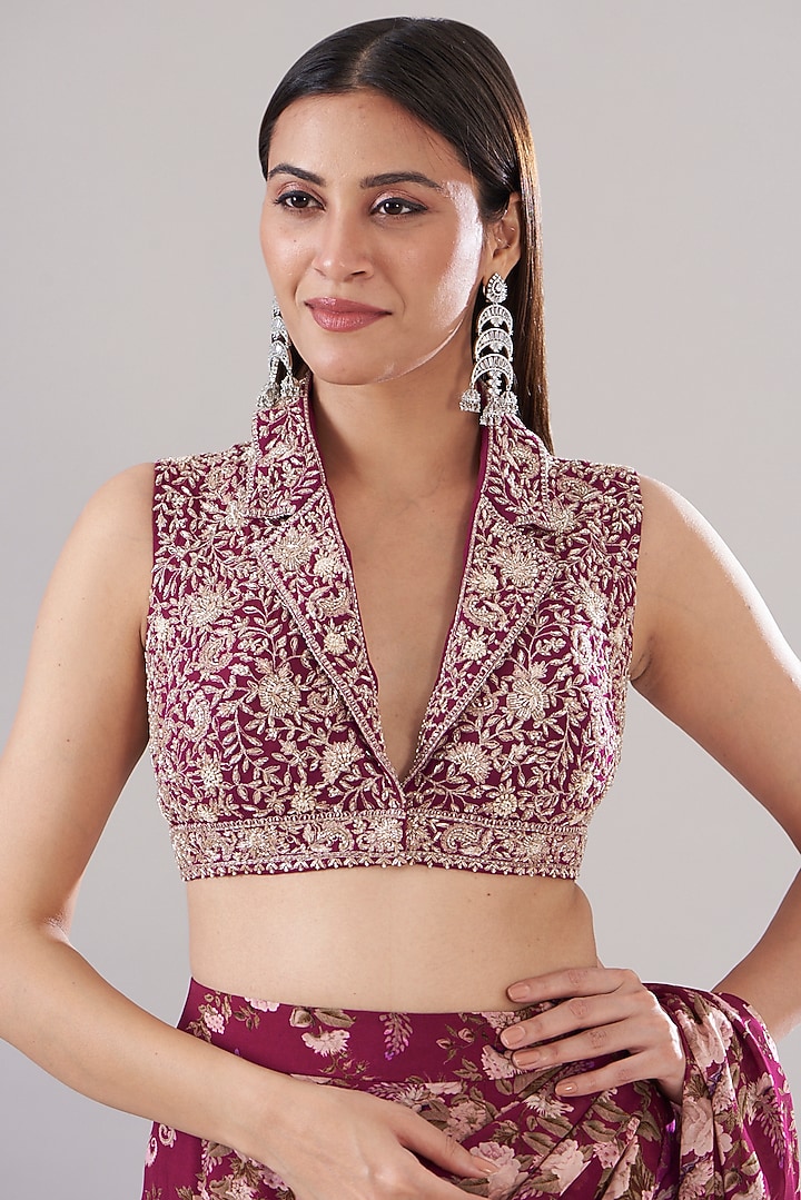 Fuschia Georgette Printed & Embroidered Wedding Saree Set by Sana Barreja at Pernia's Pop Up Shop