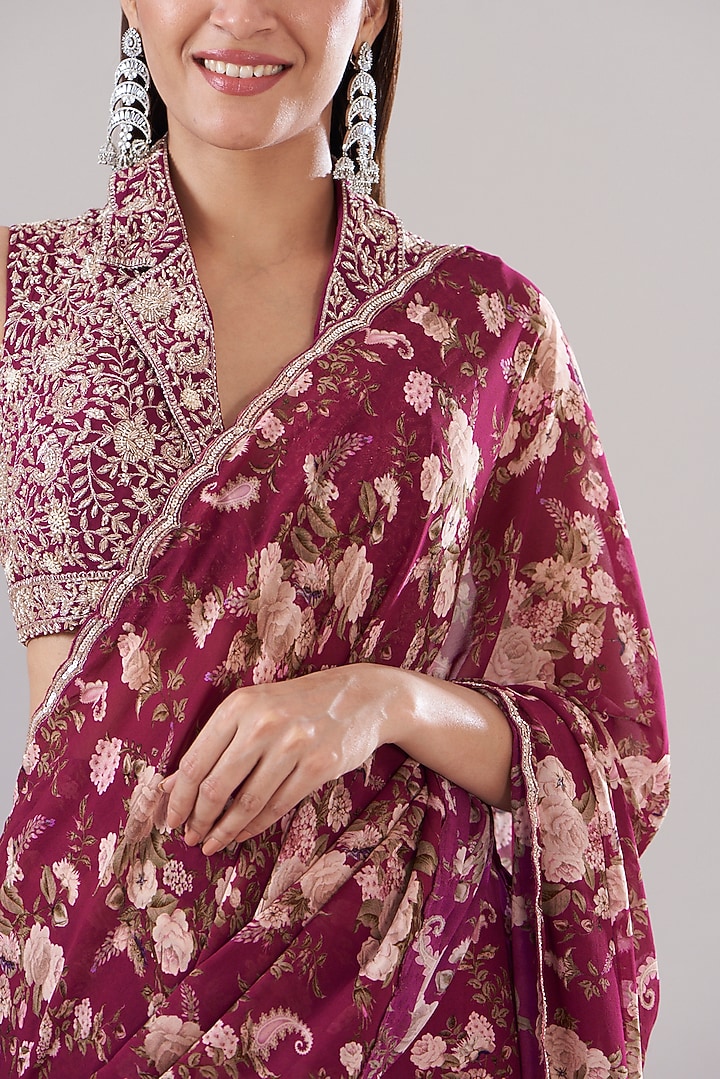 Fuschia Georgette Printed & Embroidered Wedding Saree Set by Sana Barreja at Pernia's Pop Up Shop