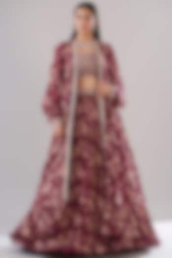 Fuschia Chanderi Silk Printed Jacket Wedding Lehenga Set by Sana Barreja at Pernia's Pop Up Shop