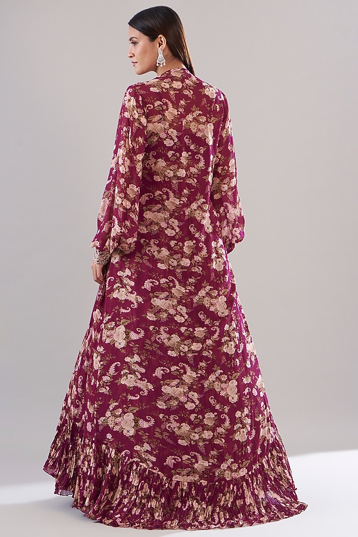Fuschia Chanderi Silk Printed Jacket Wedding Lehenga Set by Sana Barreja at Pernia's Pop Up Shop