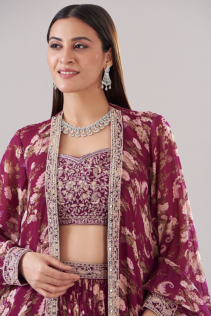 Fuschia Chanderi Silk Printed Jacket Wedding Lehenga Set by Sana Barreja at Pernia's Pop Up Shop