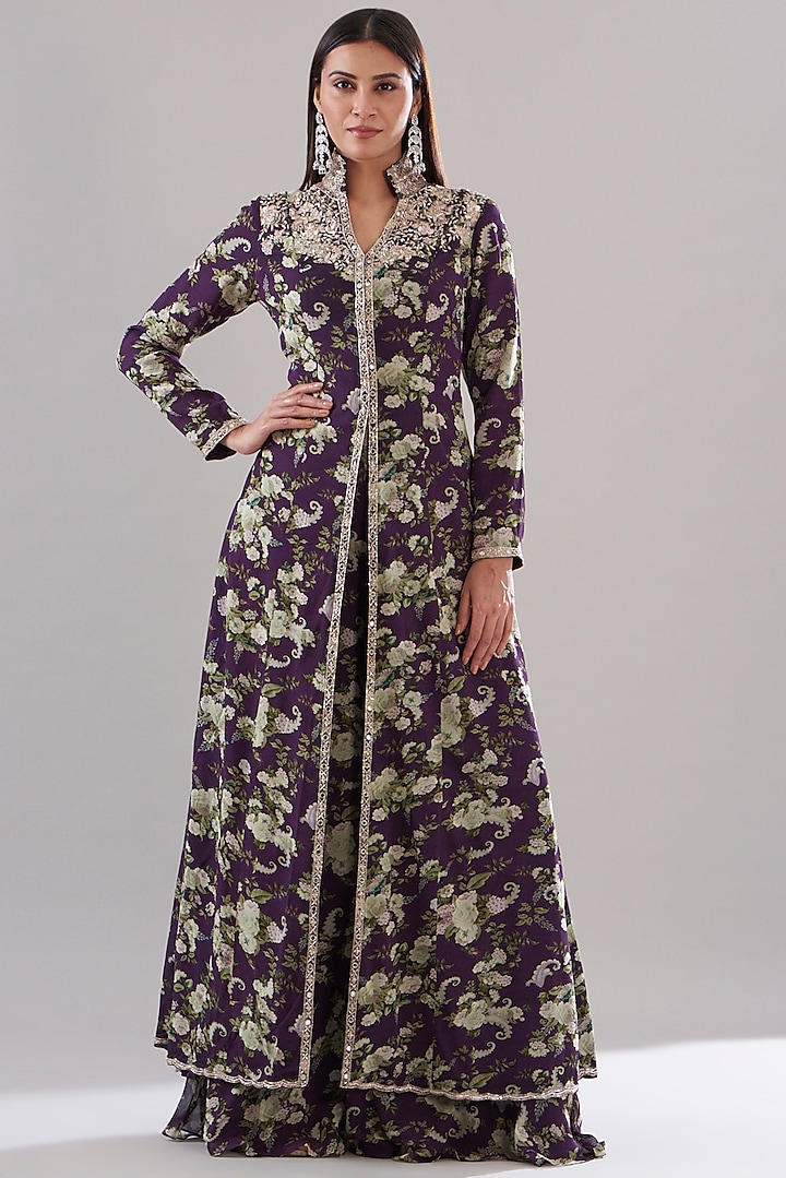 Purple Chanderi Silk Printed Gharara Set by Sana Barreja