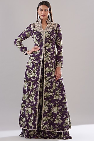 Purple Chanderi Silk Printed Gharara Set by Sana Barreja