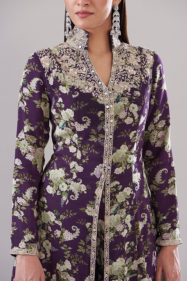 Purple Chanderi Silk Printed Gharara Set by Sana Barreja at Pernia's Pop Up Shop