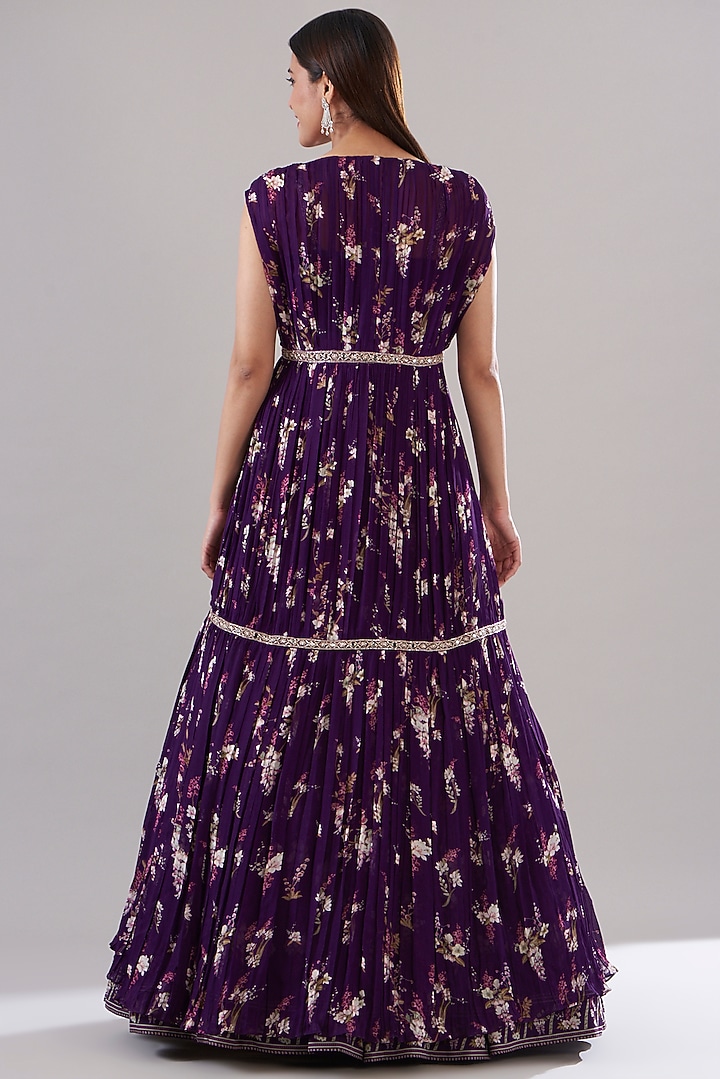 Purple Georgette Printed Jacket Wedding Lehenga Set by Sana Barreja at Pernia's Pop Up Shop