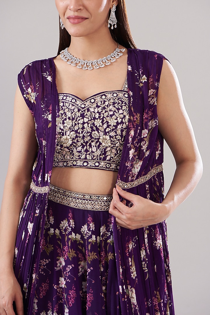 Purple Georgette Printed Jacket Wedding Lehenga Set by Sana Barreja at Pernia's Pop Up Shop