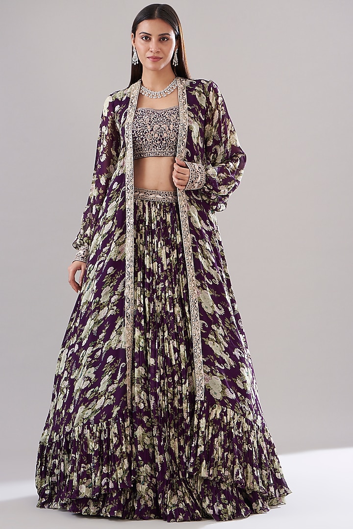 Purple Chanderi Silk Printed Jacket Lehenga Set by Sana Barreja