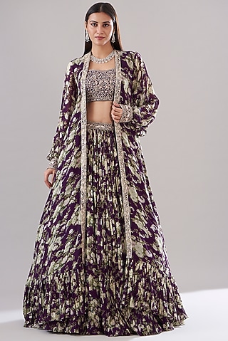 Purple Chanderi Silk Printed Jacket Lehenga Set by Sana Barreja
