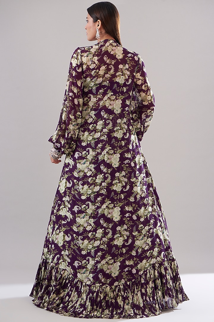 Purple Chanderi Silk Printed Jacket Wedding Lehenga Set by Sana Barreja at Pernia's Pop Up Shop