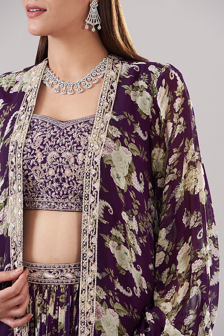 Purple Chanderi Silk Printed Jacket Wedding Lehenga Set by Sana Barreja at Pernia's Pop Up Shop