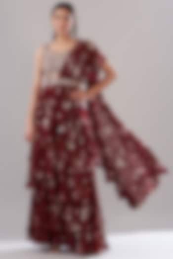 Maroon Silk Chiffon Pre-Stitched Layered Saree Set by Sana Barreja
