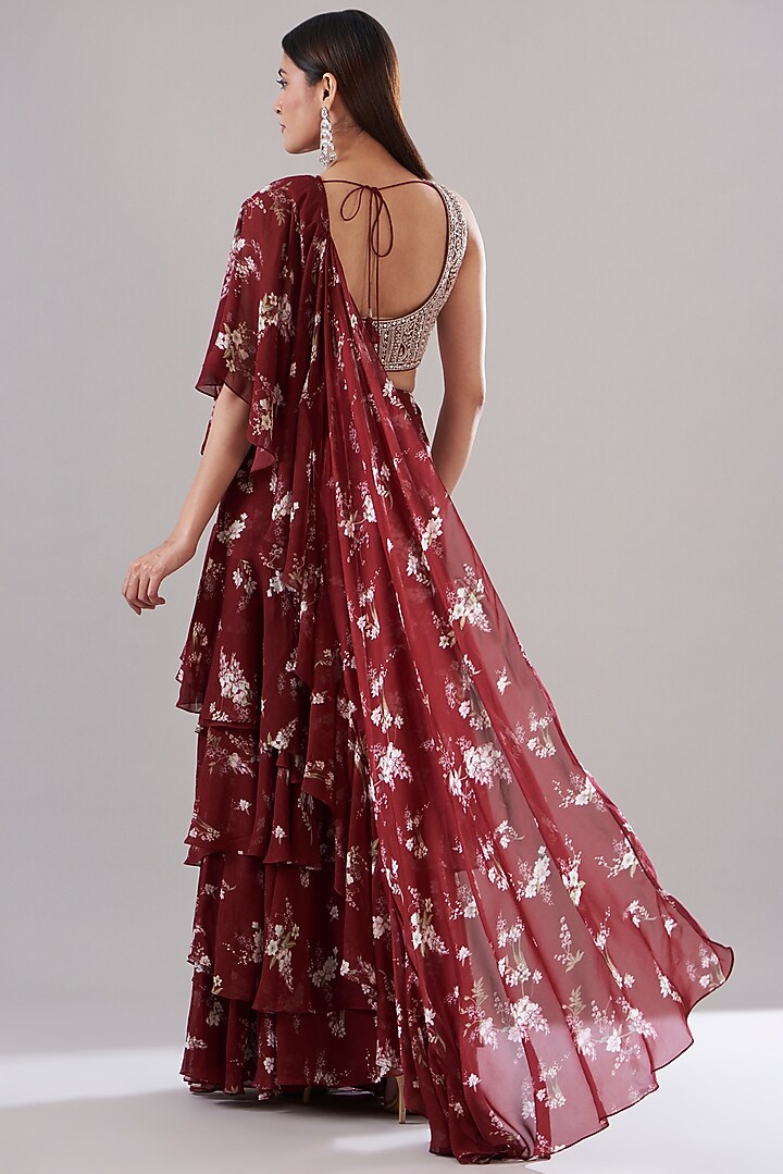 Maroon Silk Chiffon Pre-Stitched Layered Wedding Saree Set by Sana Barreja at Pernia's Pop Up Shop