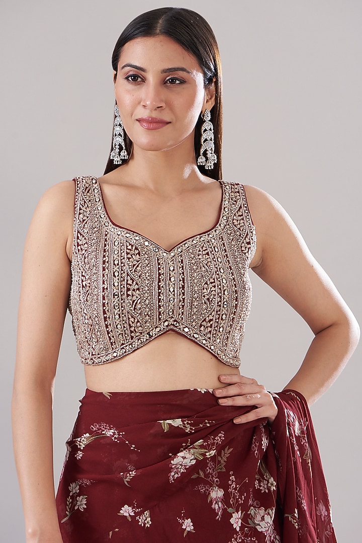 Maroon Silk Chiffon Pre-Stitched Layered Wedding Saree Set by Sana Barreja at Pernia's Pop Up Shop
